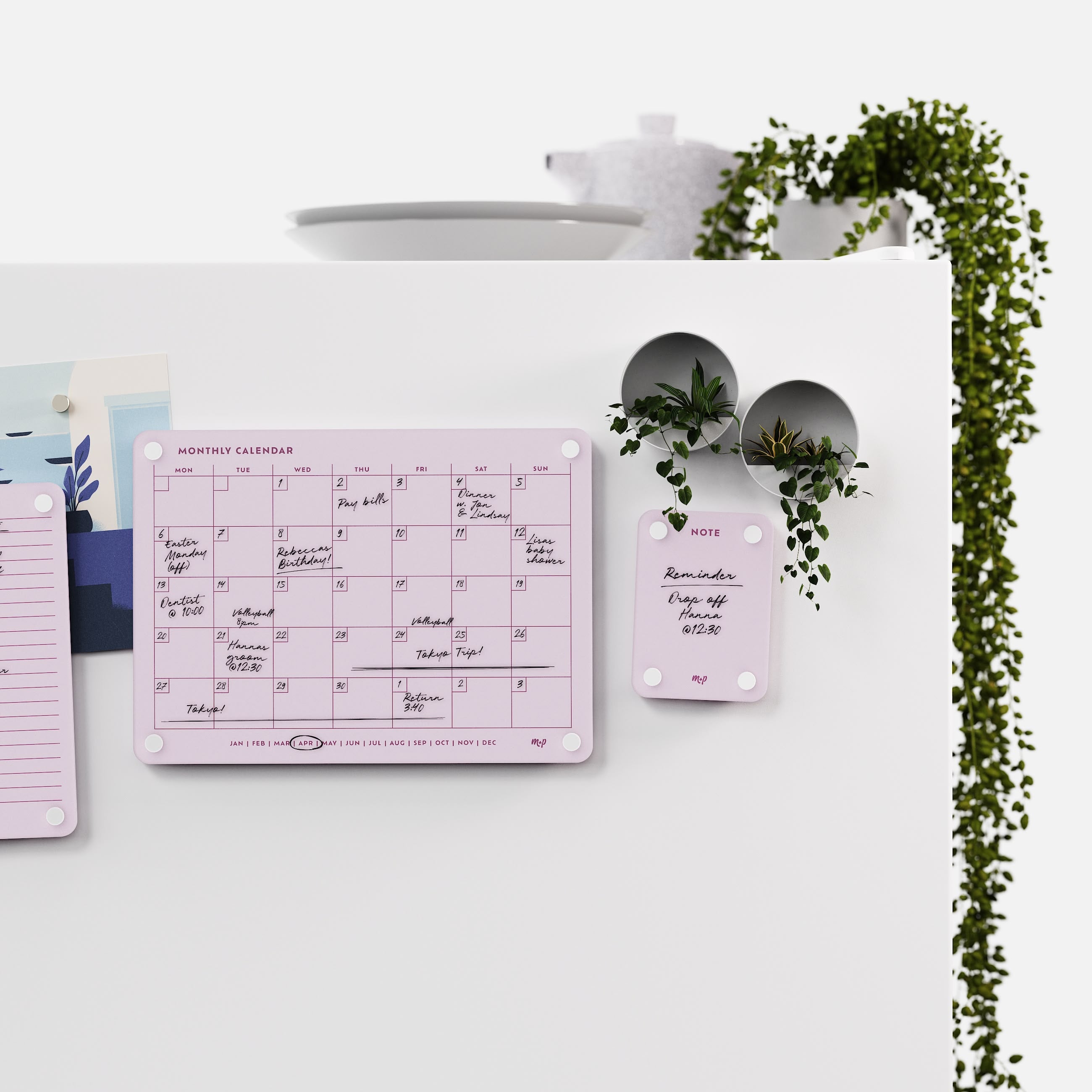 Ballet pink monthly calendar and note board on a white kitchen wall with magnetic planters and trailing ivy